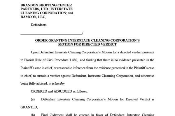 Butler vs Brandon Shopping Center and Intestate Cleaning Copr -Order Granting ICC Motion for Directed Verdict1024_1