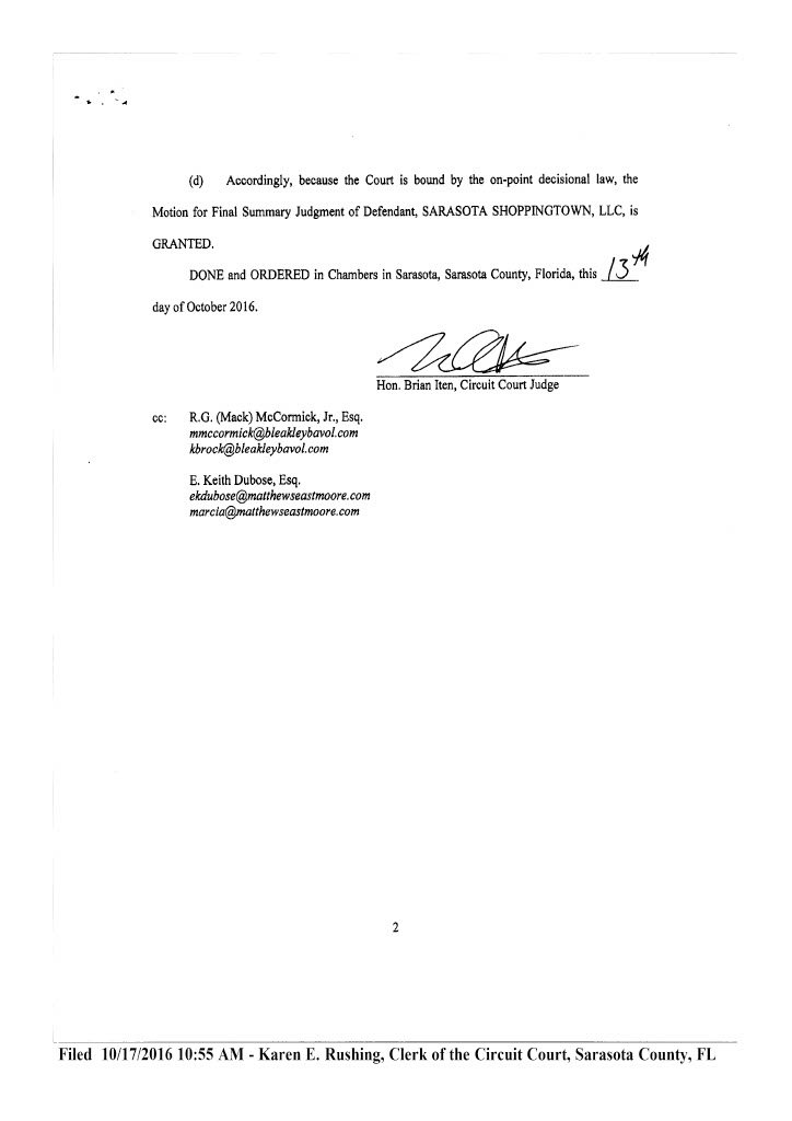 Salzberg vs Sarasota Shoppingtown-Order Granting Defs MSJ - Signed by Judge1024_2