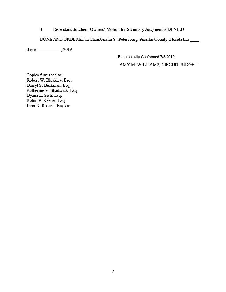 Westfield and Countryside Mall vs Dunedin Plumbing - Order Granting Motion for Summary Judgment (executed)1024_2